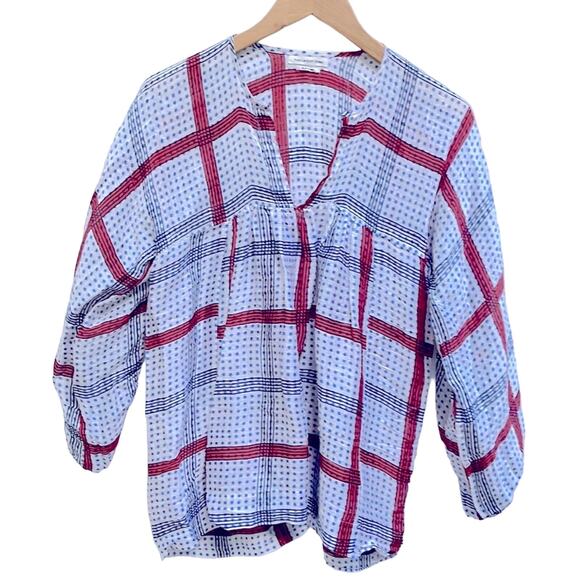 Étoile Isabel Marant Linen Silk Blend Plaid Polka Dot V Neck Blouse Top Size 38 - Picture 1 of 9